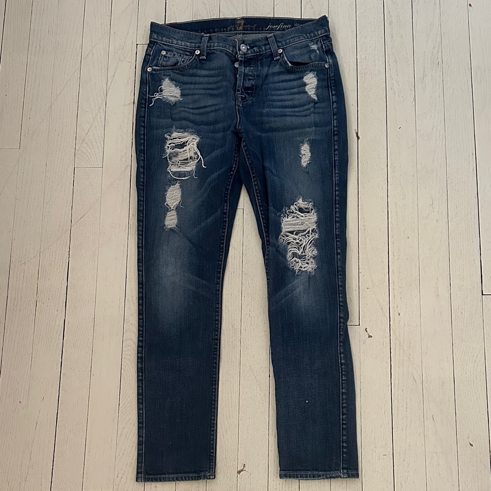 7 For All Mankind Dark Blue Distressed Skinny Jeans